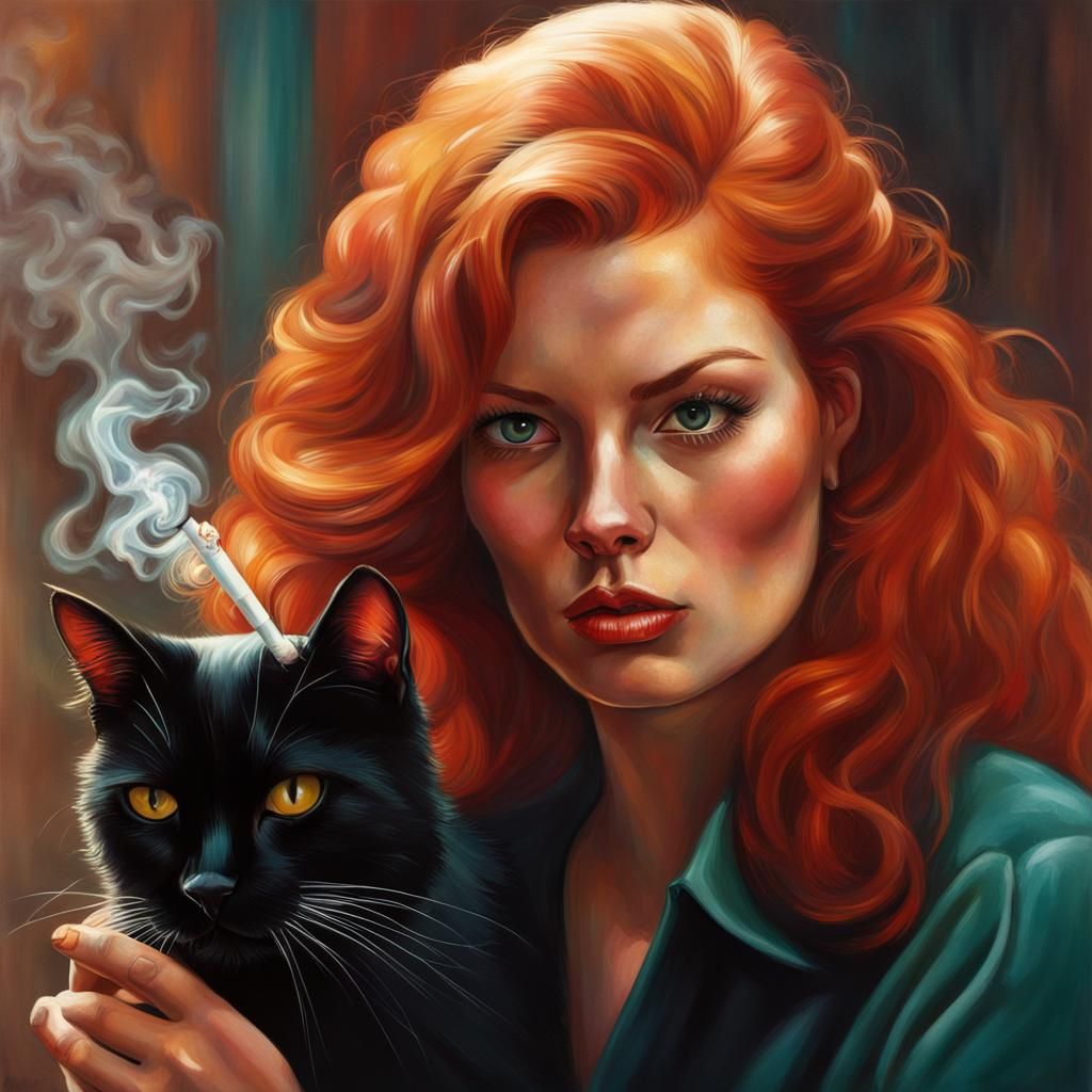 Red-Haired Woman Smoking with Black Cat: Hyperrealistic Art