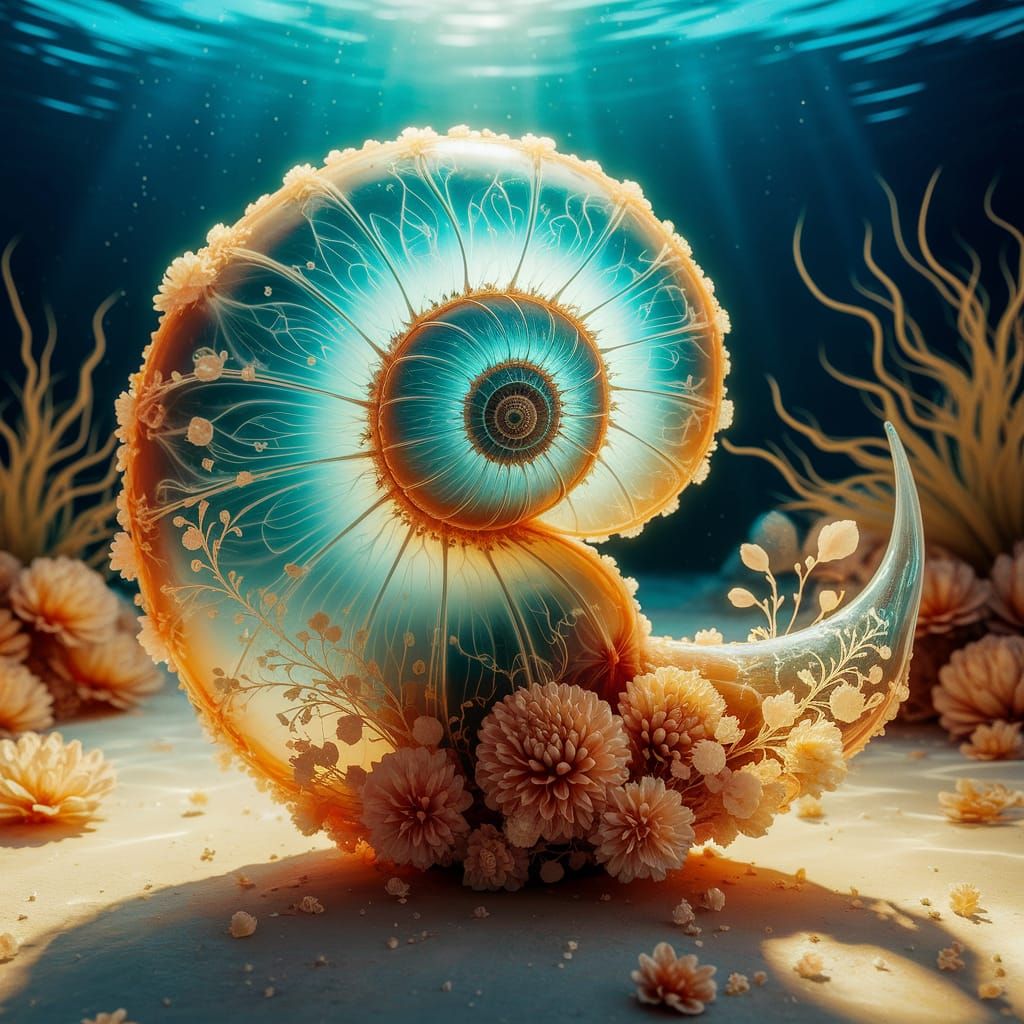 Beautiful translucent snails shell underwater with flowers and designs and flourishes