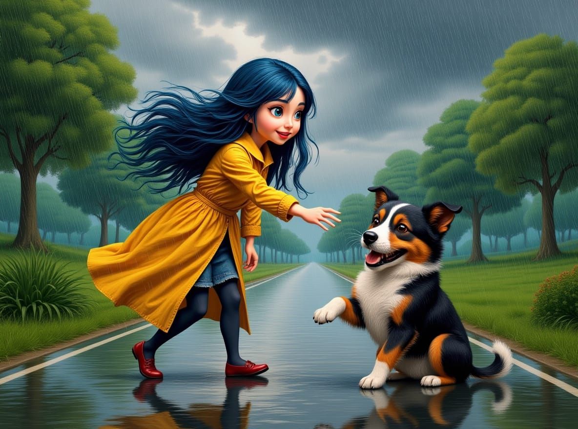 Woman and Border Collie in Spring Rain, Oil Painting Style