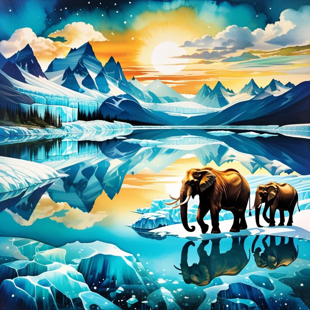 Prehistoric Mammoths in Sparkling Glacial Collage