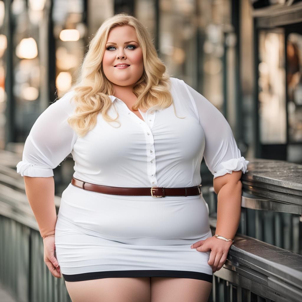 Plus-Size Blonde Woman in White Shirt and Skirt