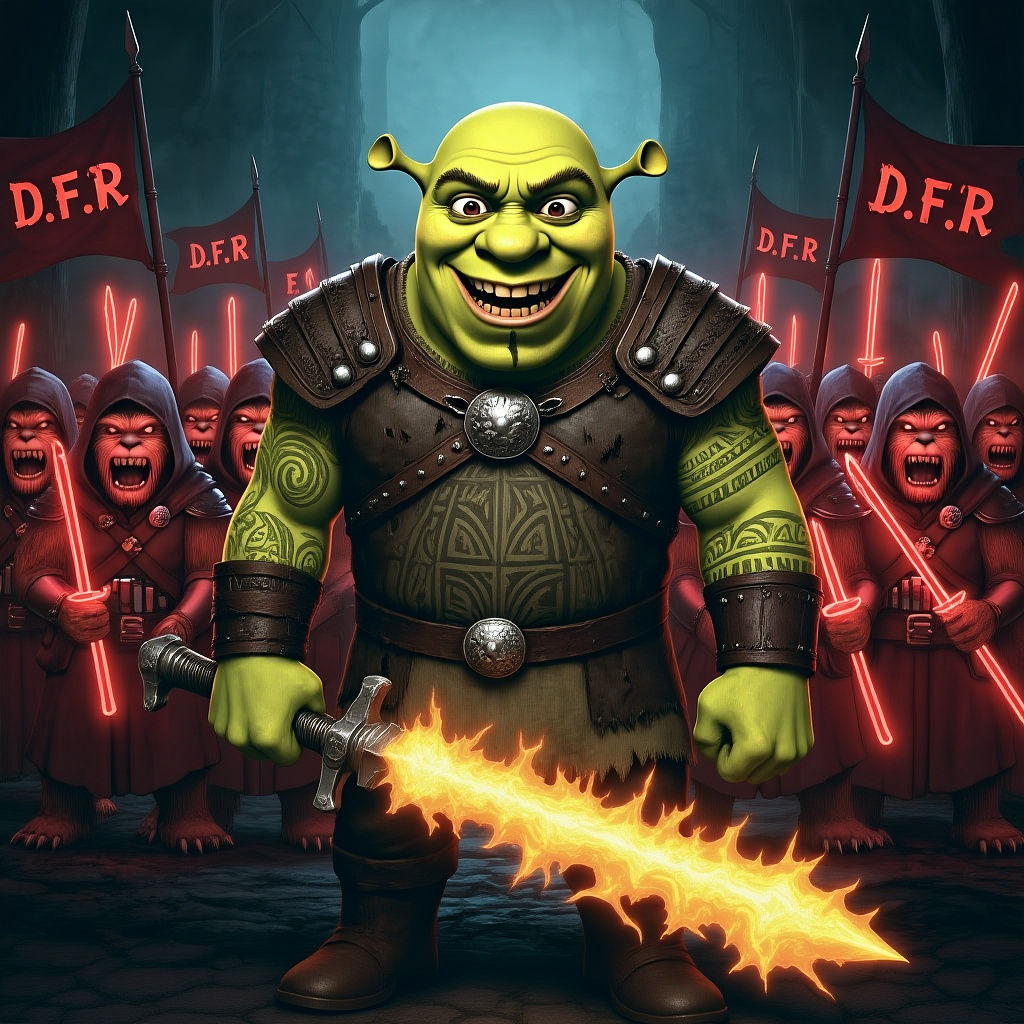 Evil Shrek Warrior Leads Ewok Sith Army