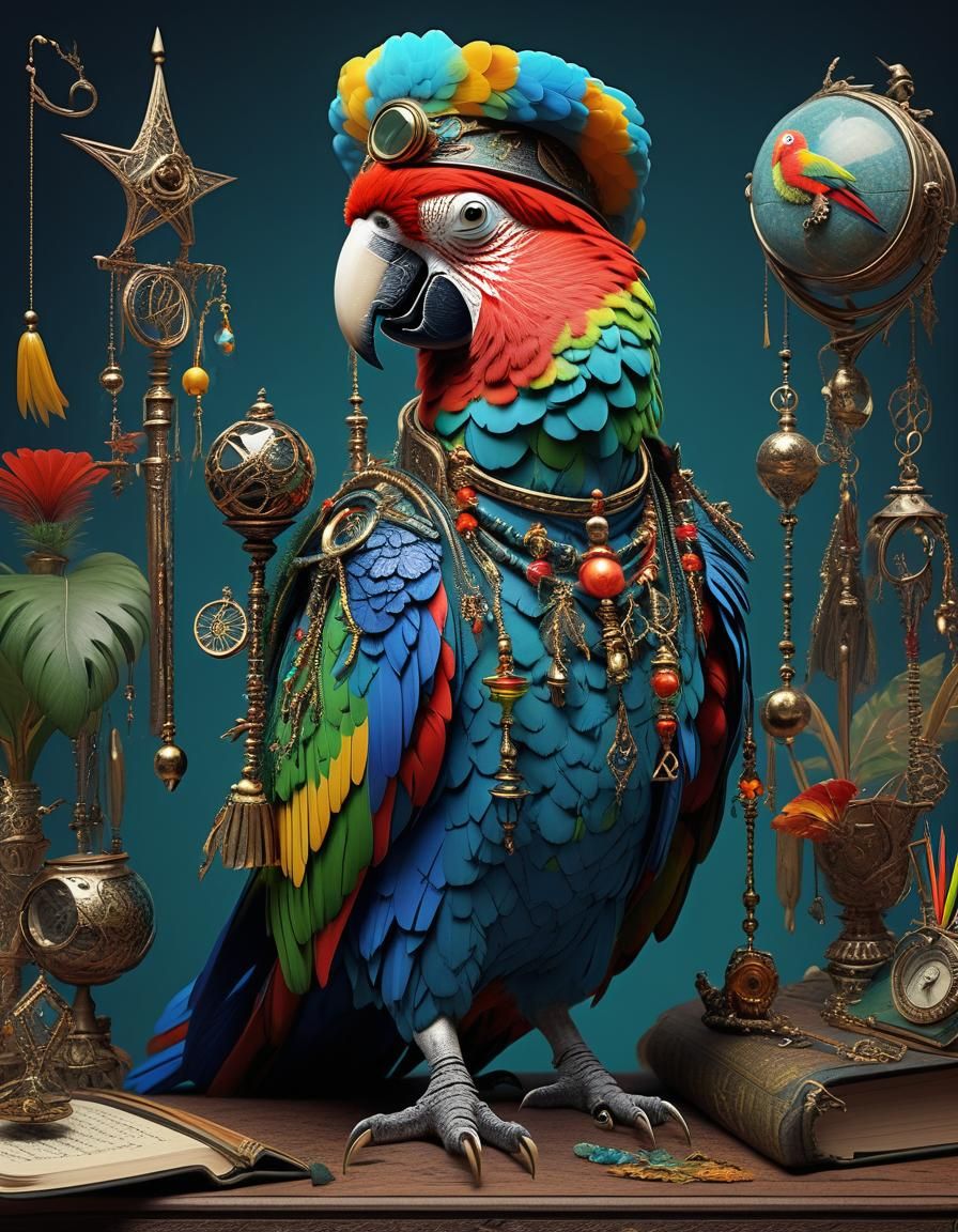 Anthropomorphic Parrot Wizard in High Fantasy Style