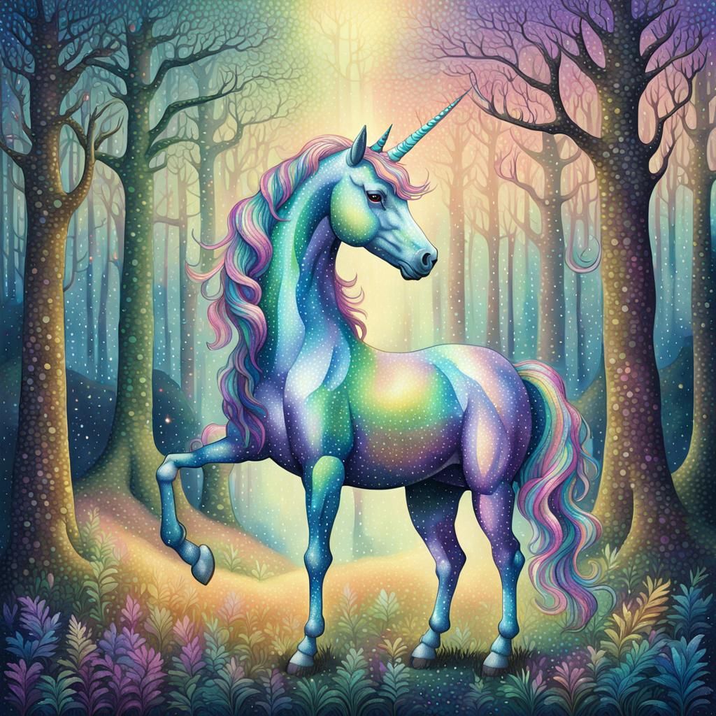 Iridescent Unicorn in Enchanted Forest, Pointillism Style