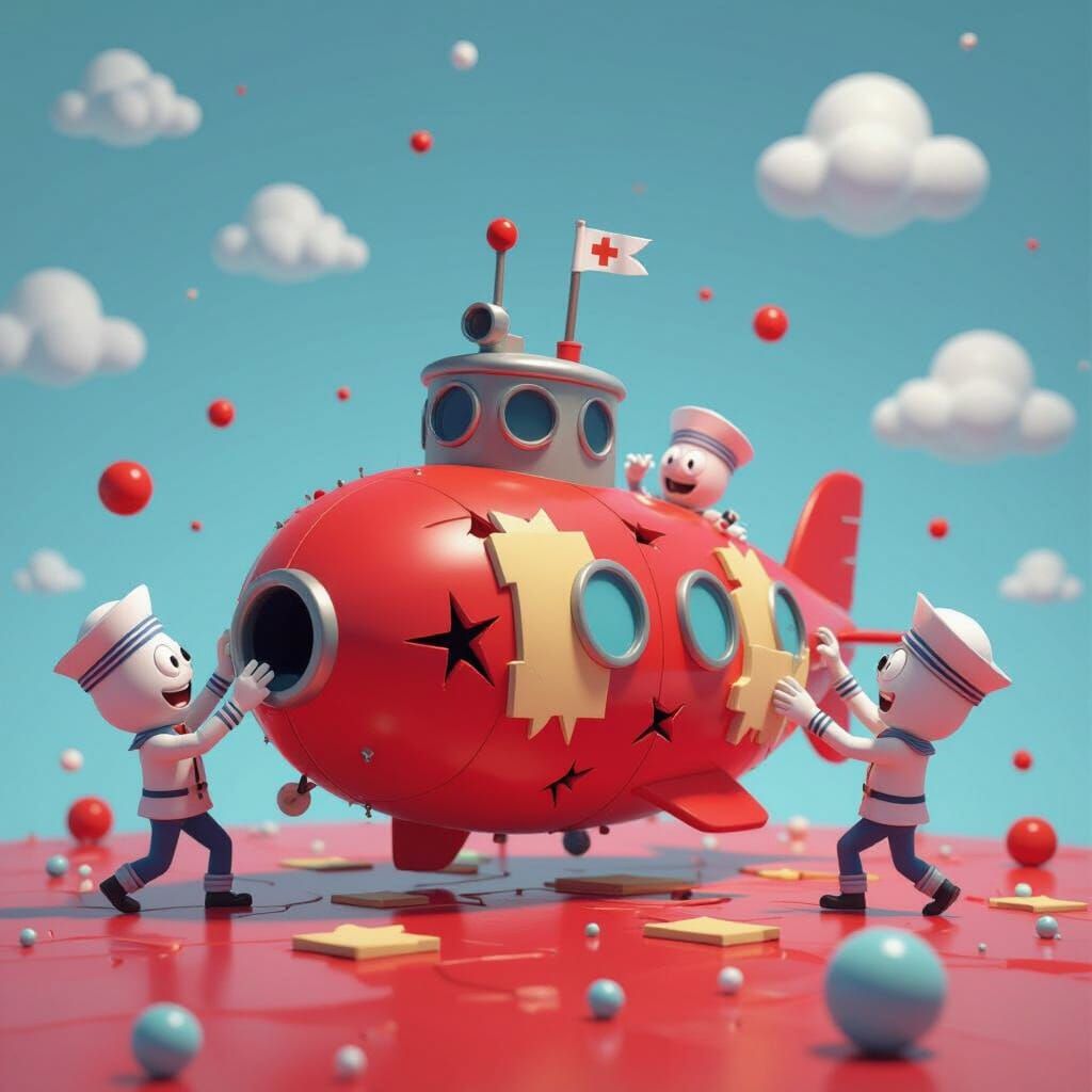Cartoon Submarine Blood Cell Patched by Antibodies