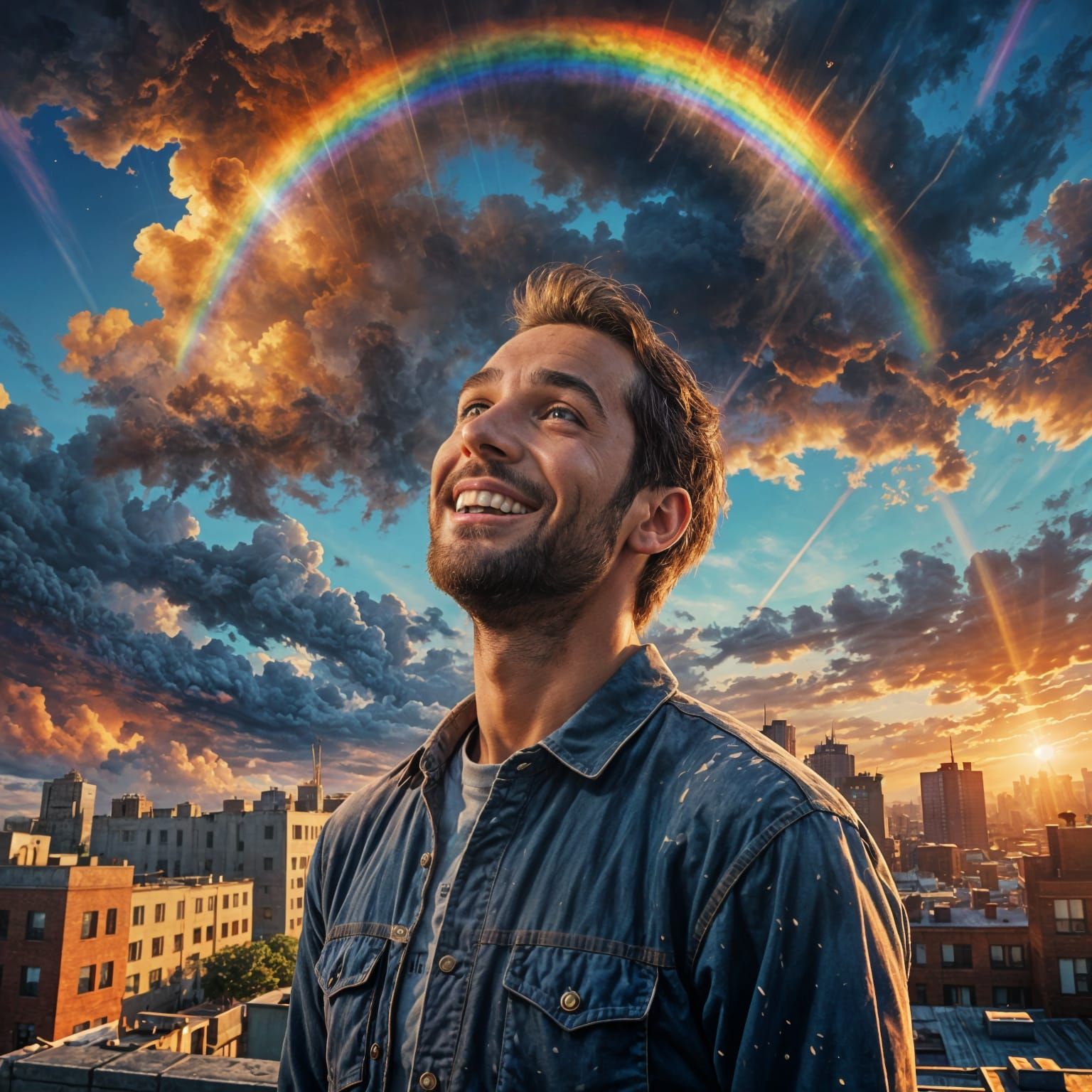 Surprised Man Sees Rainbow on Rooftop in 8k