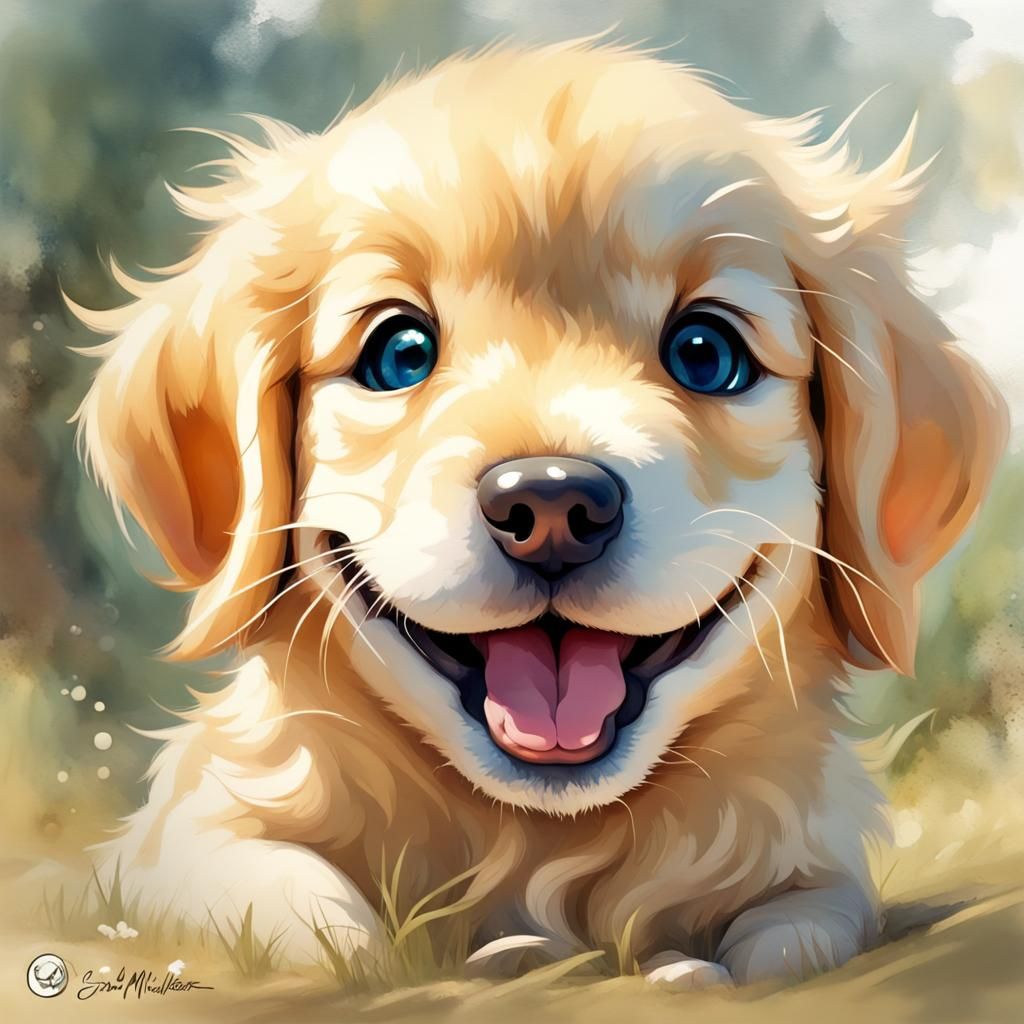 Adorable Chibi Golden Retriever Puppy Watercolor Portrait