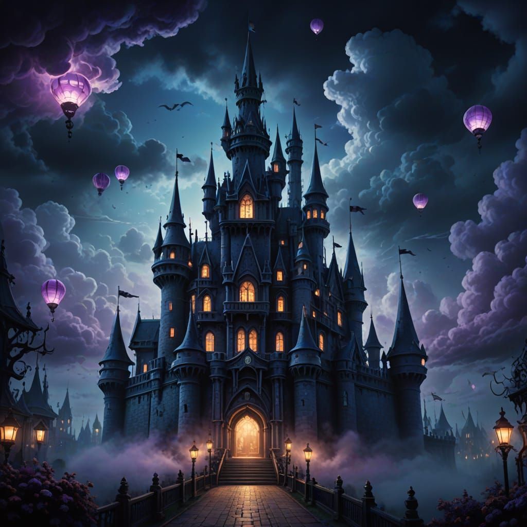 Dark Fantasy Victorian Carnival Castle in Clouds