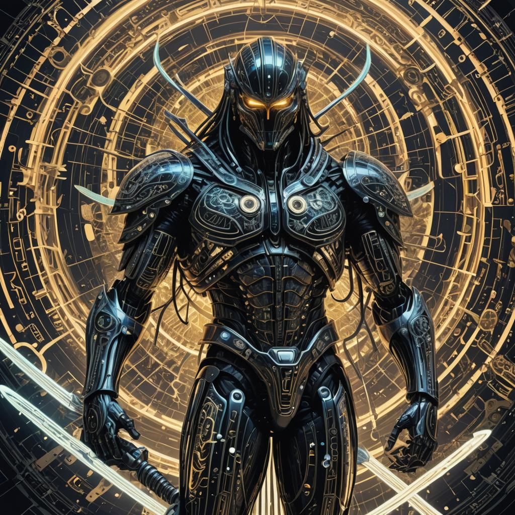 Neon Digital Warrior with Fractal Swords in Tech-Noir Style