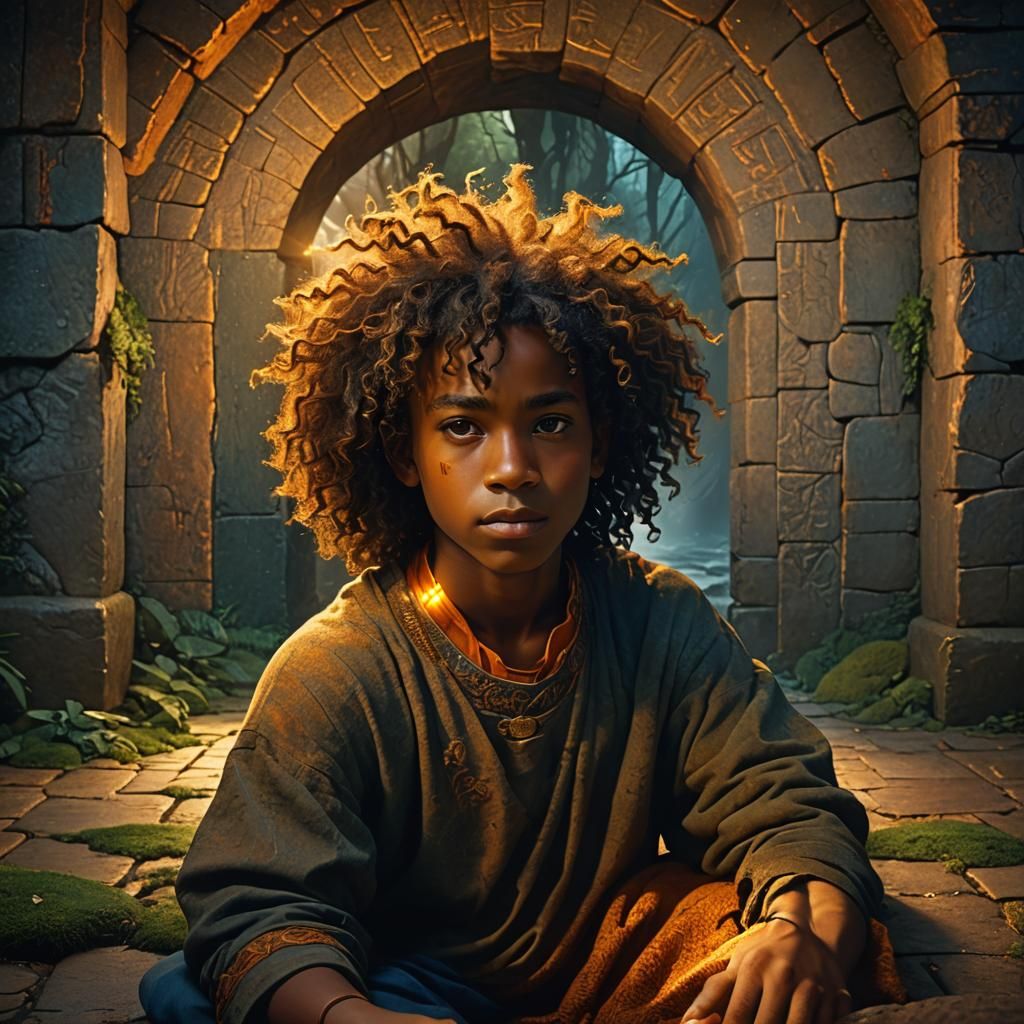African Boy Portrait with Golden Light, Matte Painting