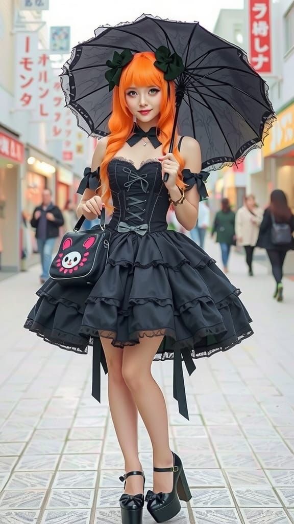 Gothic Lolita Fashion Model in Harajuku, Charcoal Sketch