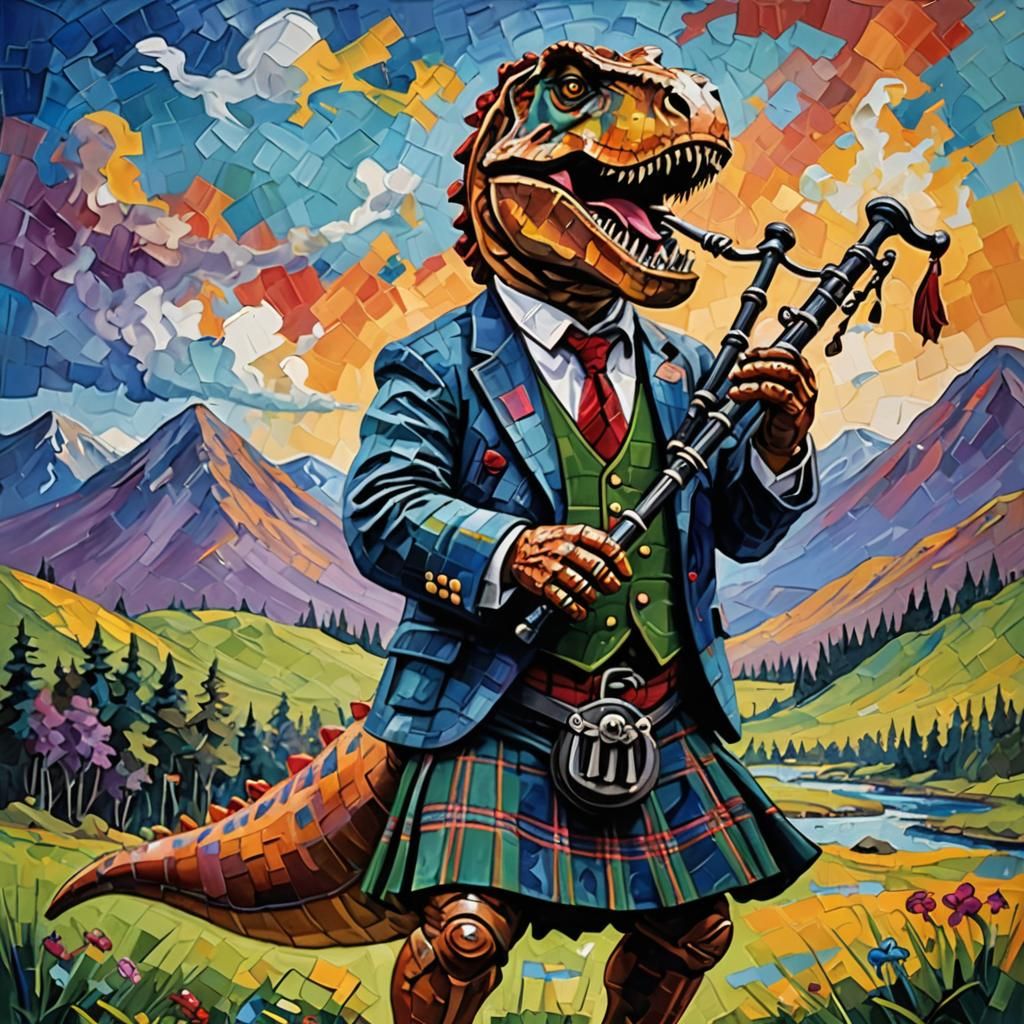 T-Rex Playing Bagpipes as Expressionist Oil Painting