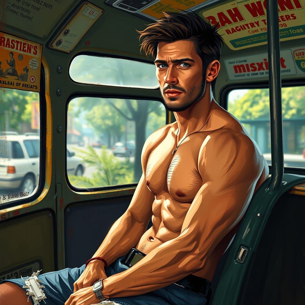 Athletic Young Man Rides Vintage Bus Through Lush Cityscape