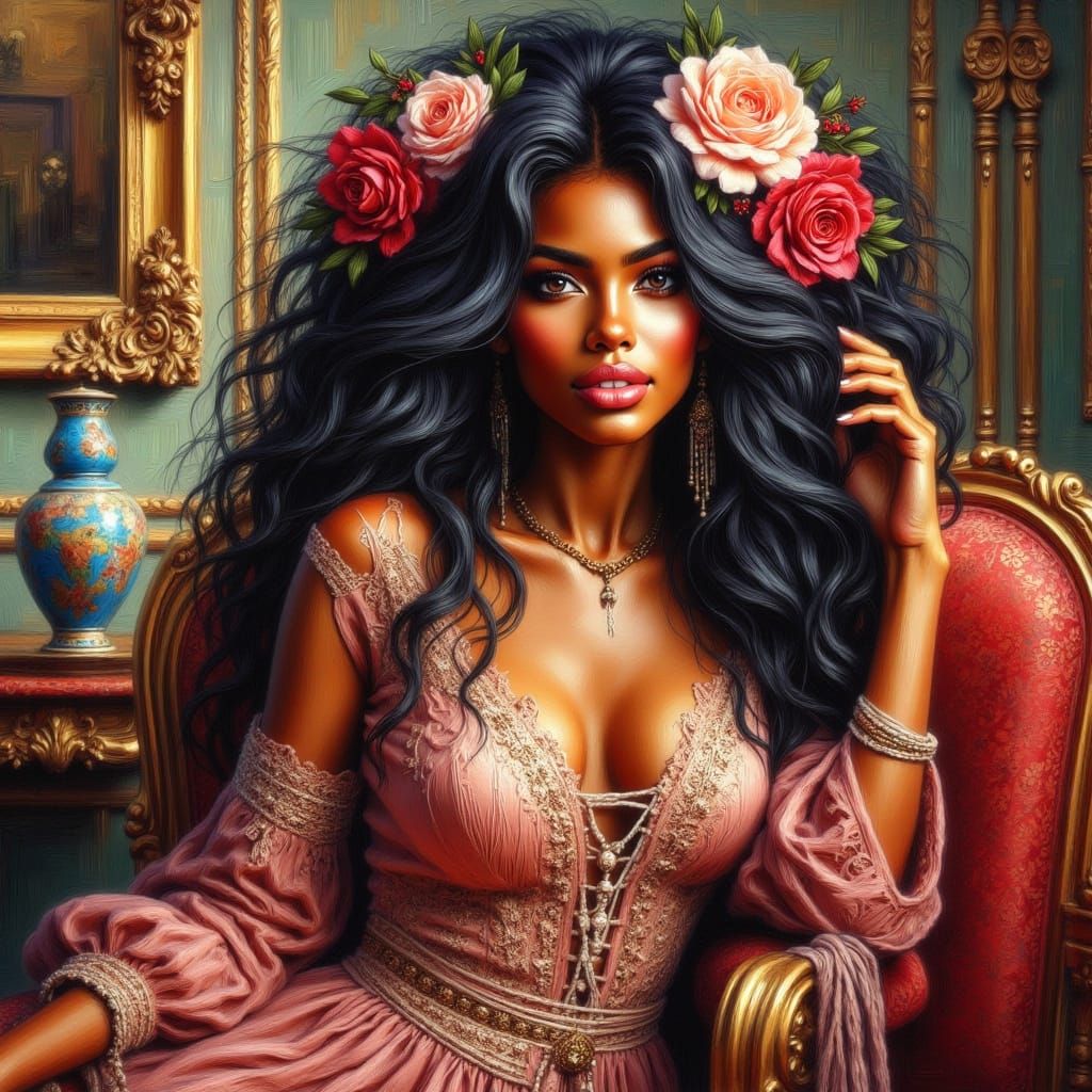 Elegant Black Woman with Floral Adornments in Glamorous Sett...