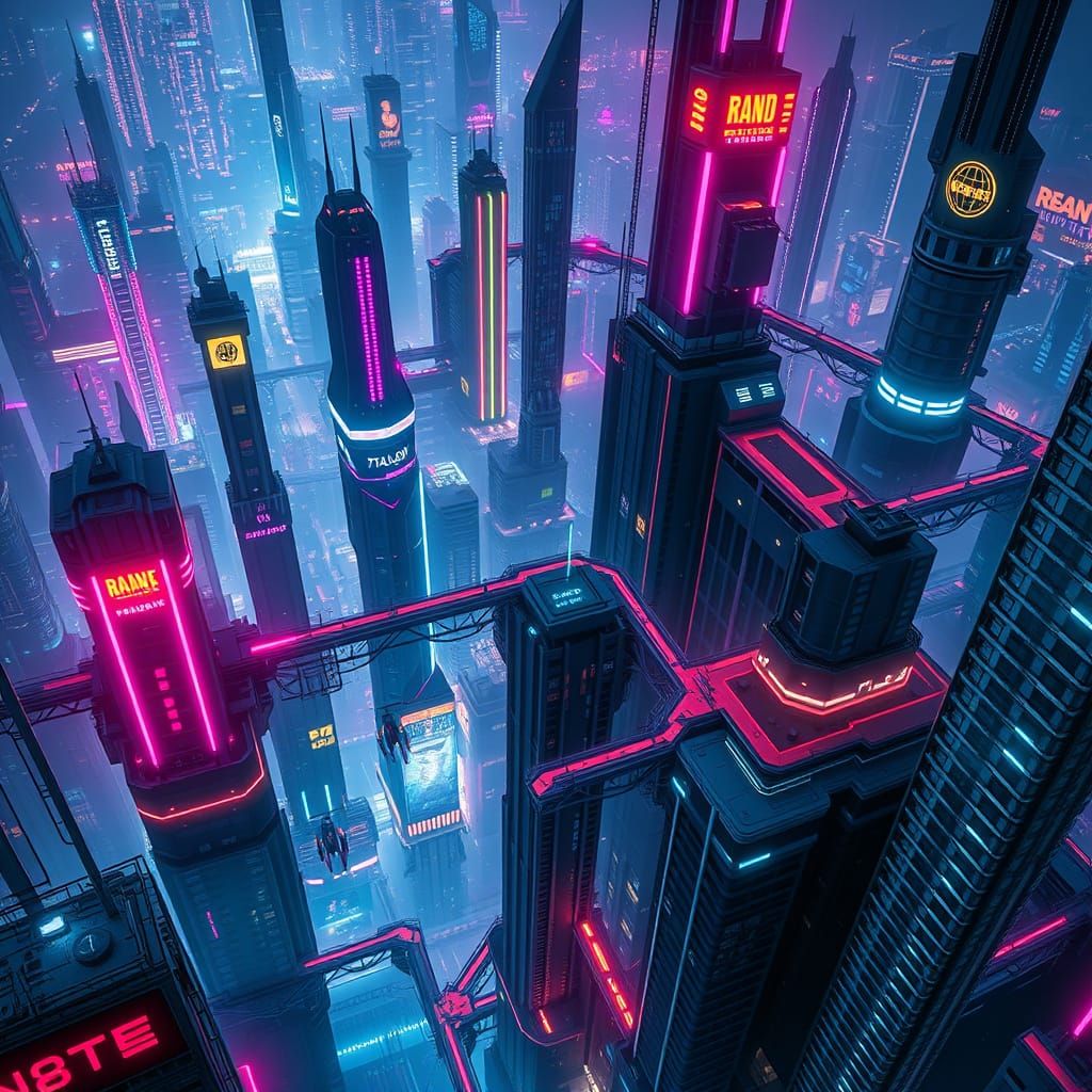 Cyberpunk Cityscape Aerial View with Neon Lights