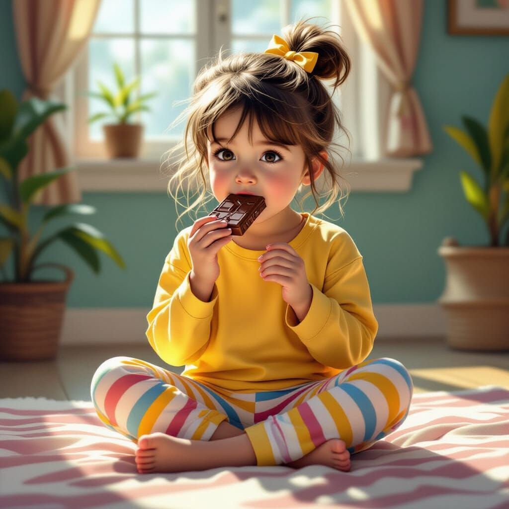 Girl in Striped Pajamas Eats Chocolate Bar