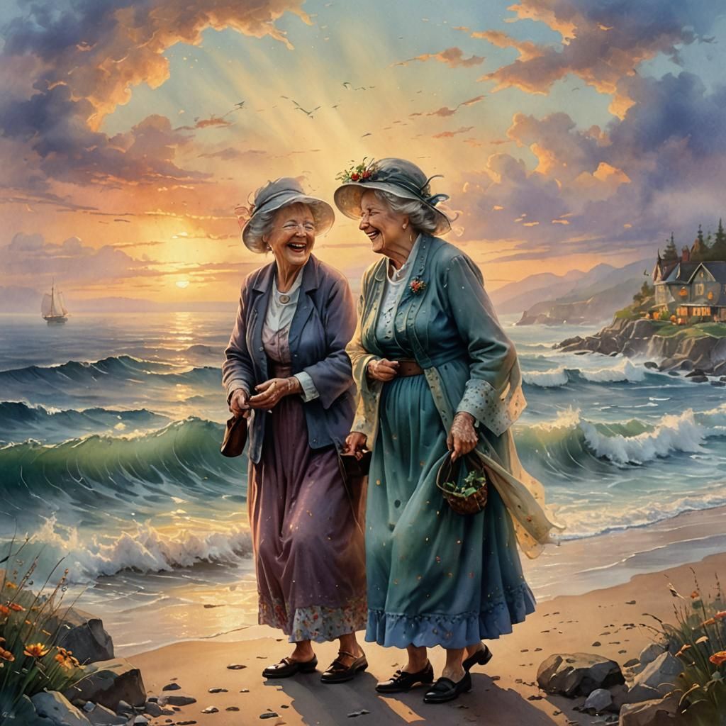 Old Ladies Laughing at Sunset in Watercolor Style