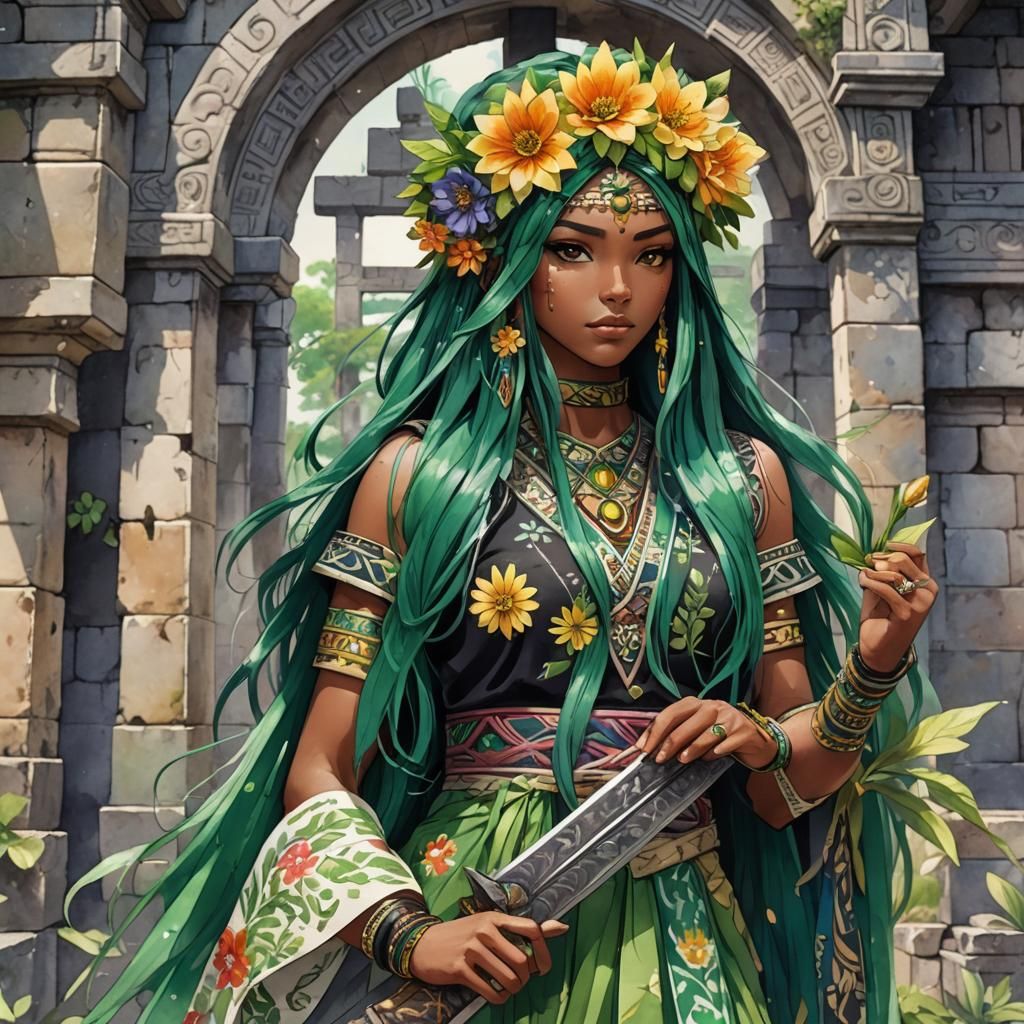 Latina Anime Girl with Sword in Mesoamerican Ruins