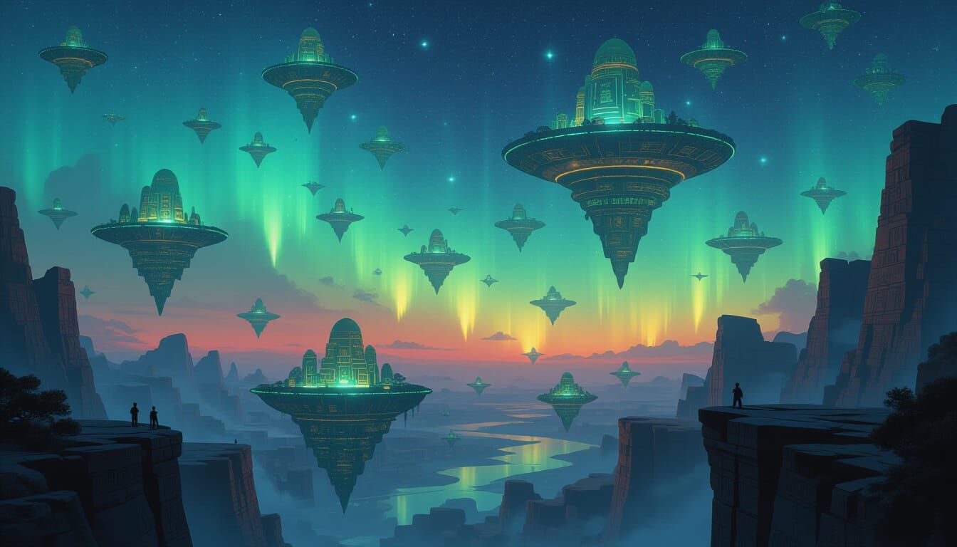 Surreal Floating Islands Above Neon Abyss