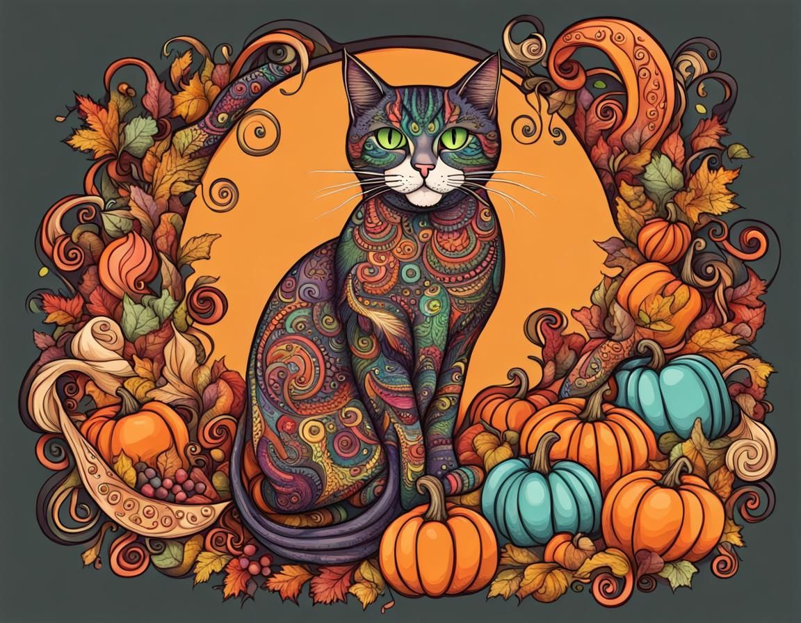 Halloween Cat in Candy Cornucopia Illustration
