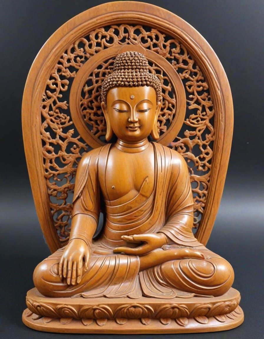 Intricate Carved Wooden Buddha Statue