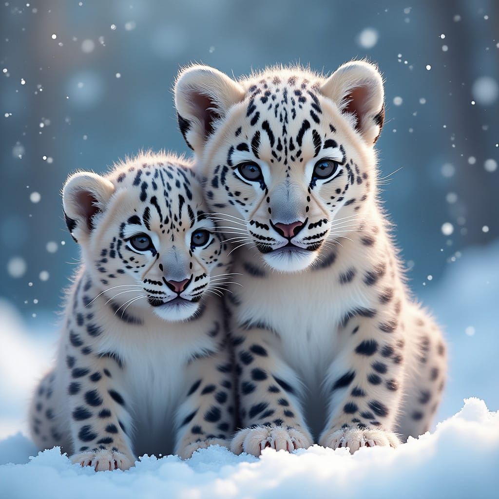Vibrant Winter Scene of Mama Snow Leopard and Cub Sparkling...