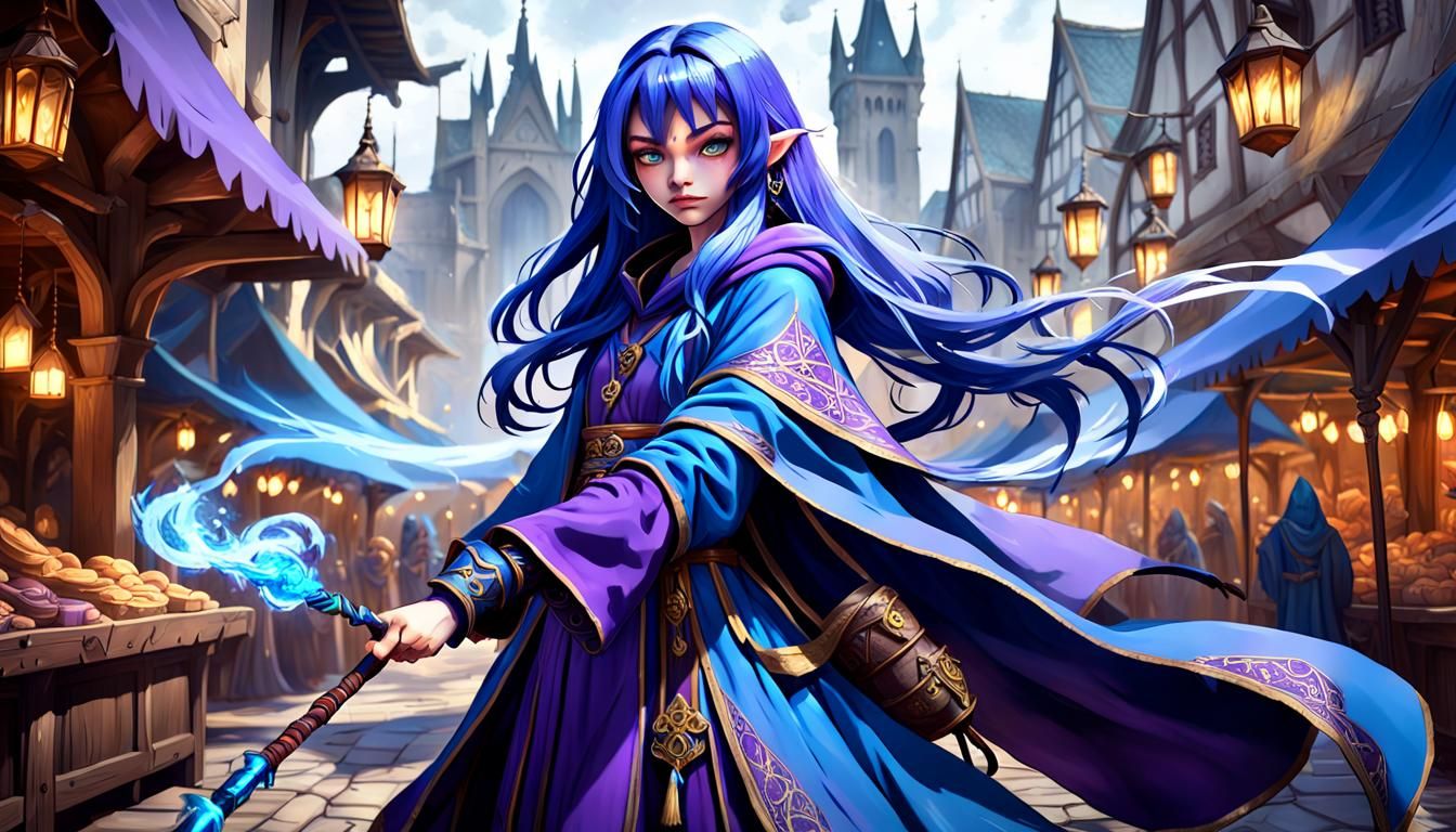 Blue-Haired Mage Girl in Medieval Market, Detailed Art