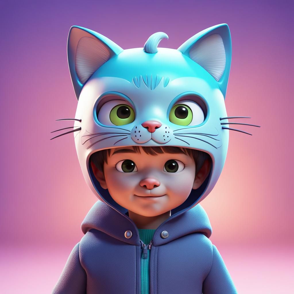 Toddler in Kitty Mask: Pixar-Style 3D Art
