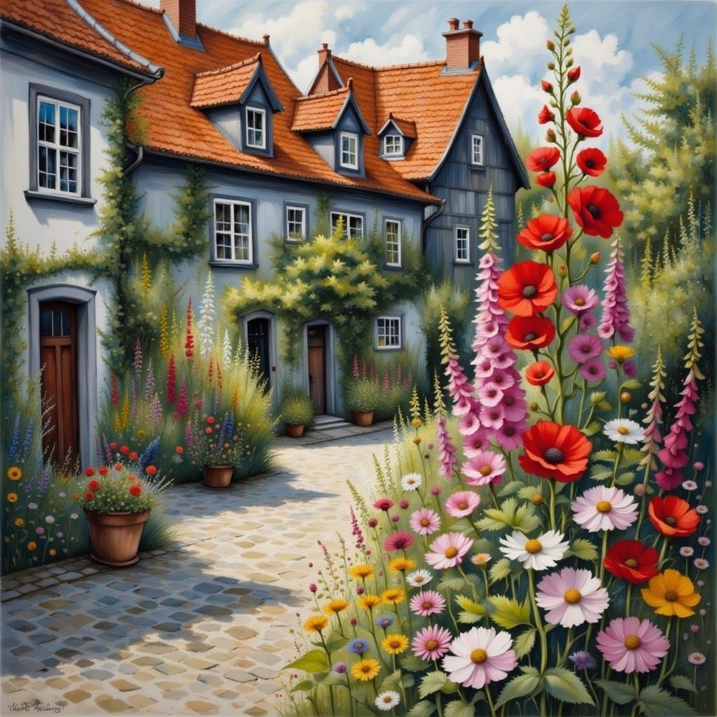 Vibrant Street Scene in Rønne's Old Town with Hollyhocks