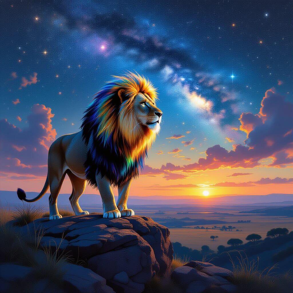 Bioluminescent Lion Overlooking Starlit Savanna as Surreal A...