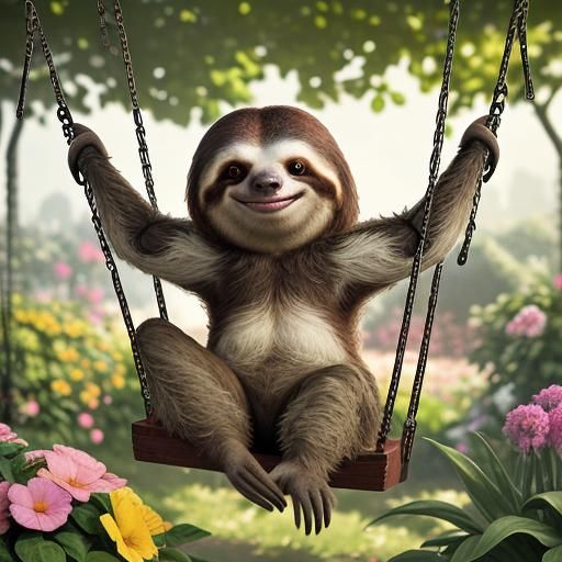 Joyful Sloth on Garden Swing: Hyperrealistic Image