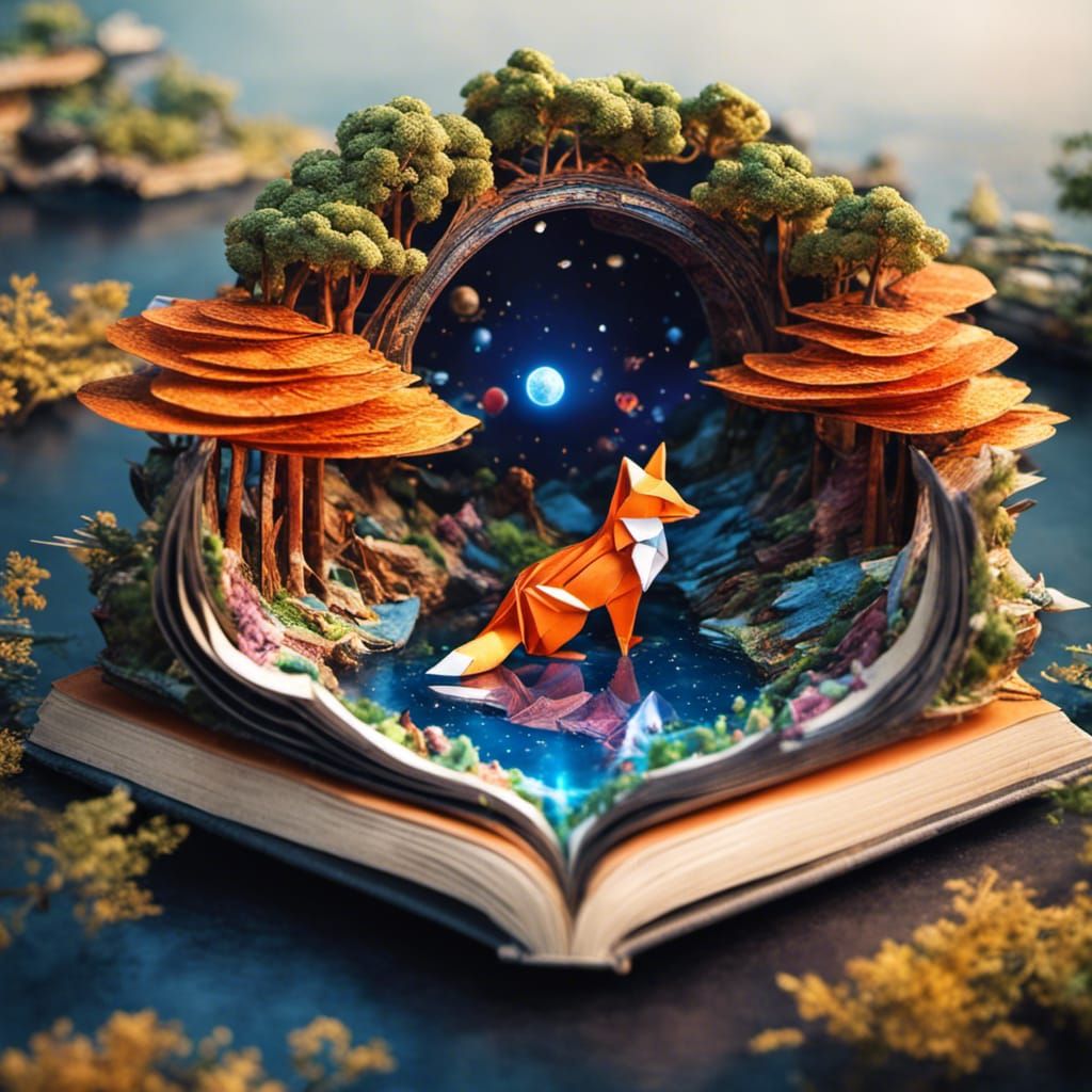 Surreal Origami World inside an open book.