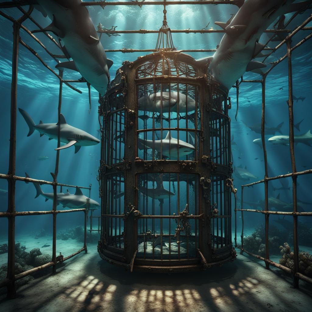 Sharks and Divers in Underwater Scene