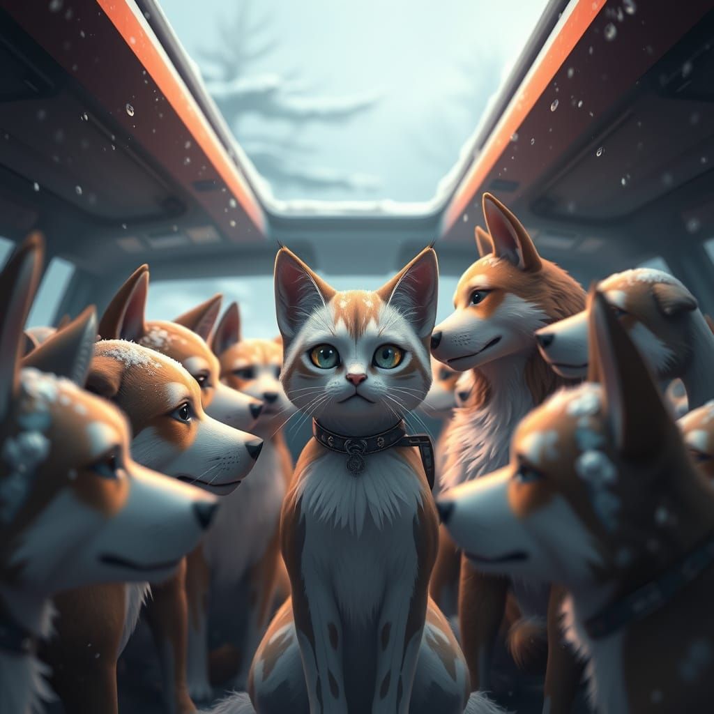 Anime Cat Woman in Winter Parking Lot with Dog Men