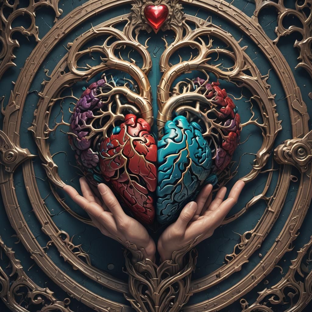Brain-Heart Logo Held in Hands: Detailed Fantasy Art