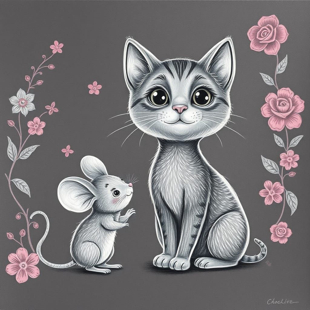 Playful Cartoon Cat and Mouse on Floral Background