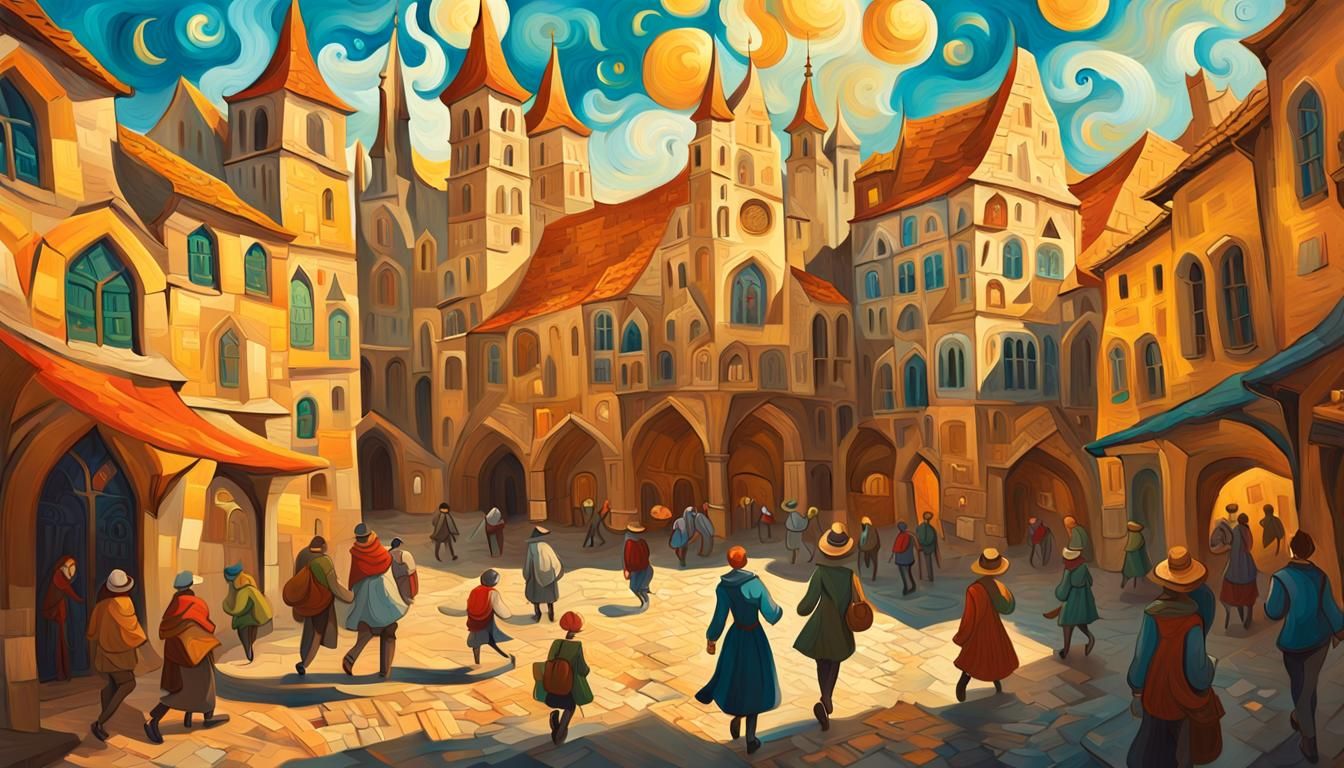 Medieval City Life in Vibrant Impressionist Style