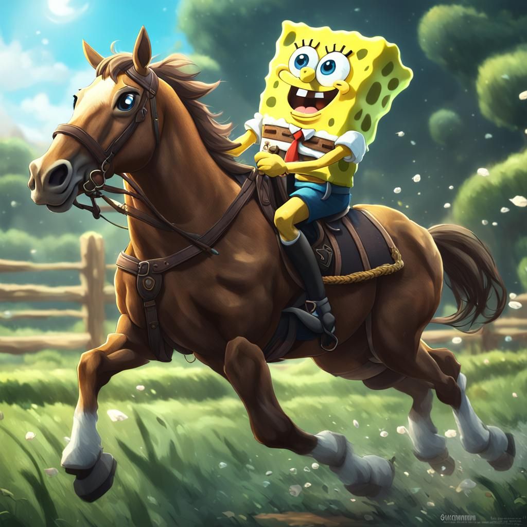 SpongeBob Rides a Horse in 3D Anime Art