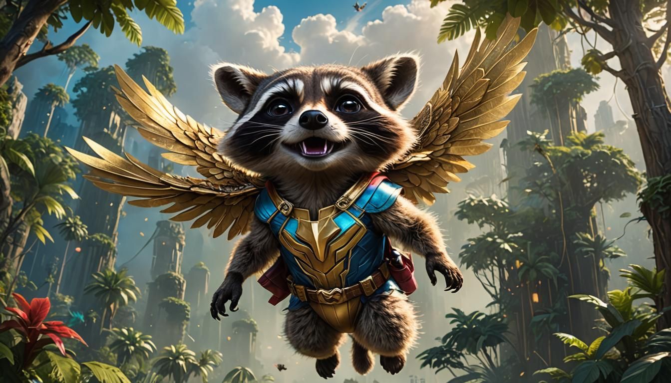 Superhero Raccoon Rescues Toddler in Cartoon Style