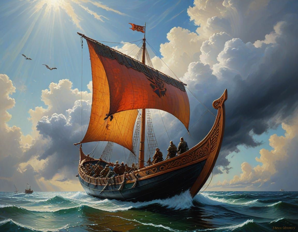 Viking Skyship Soars with Fabric Wings in Ethereal Oil Paint...