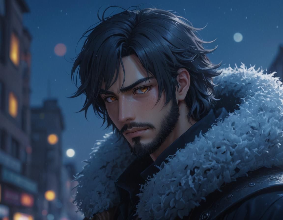 Realistic Anime Male with Grey Hair and Warm Amber Eyes