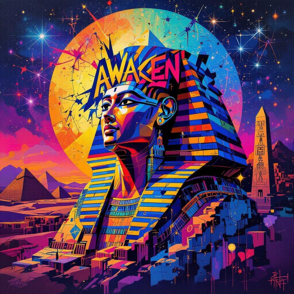 Egyptian Pyramids and Constellations in Abstract Matte Paint...