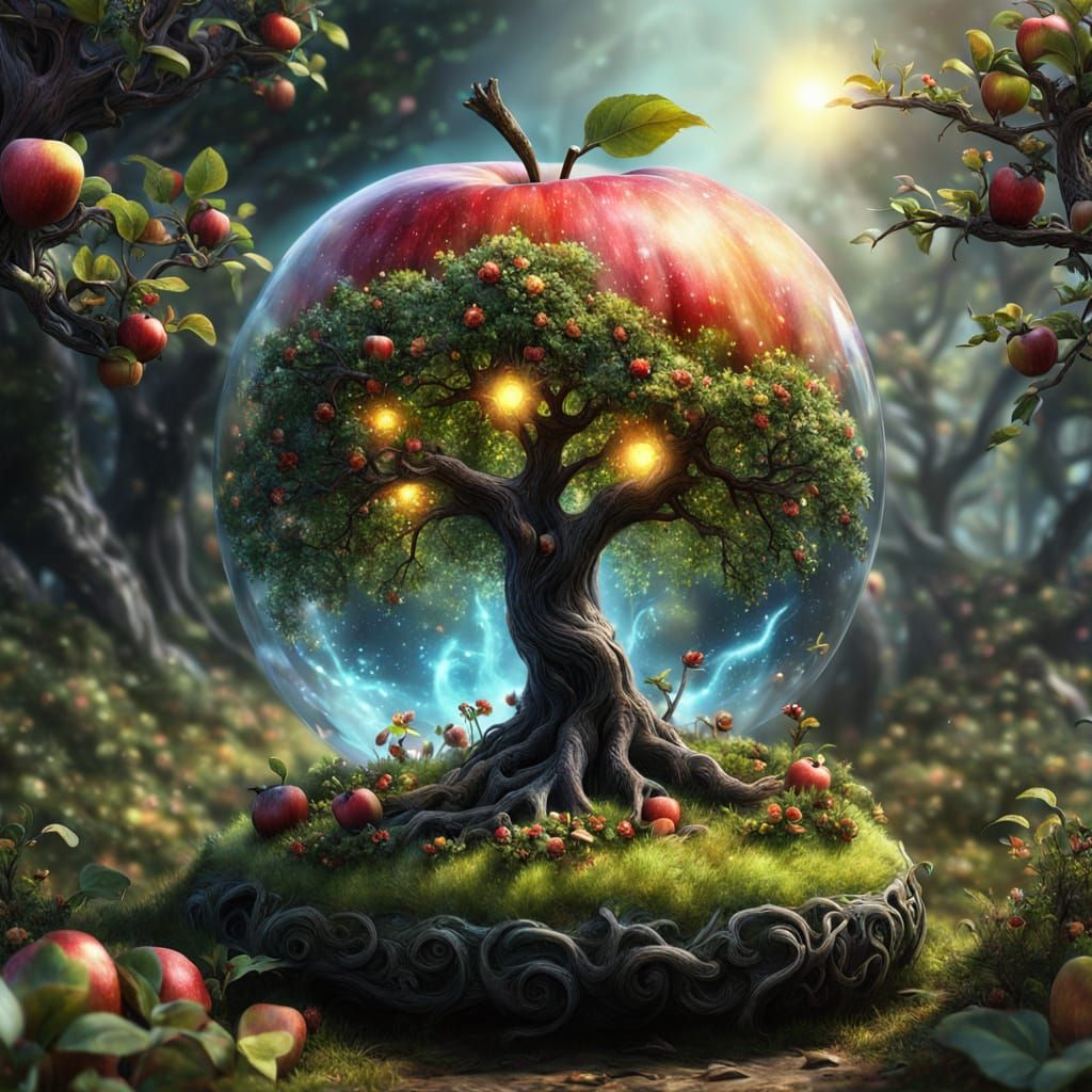Whimsical Apple Blooms with Miniature Trees and Magical Crea...
