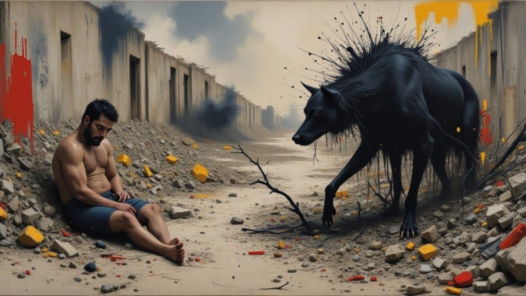 Menacing Dog in Desolate Landscape in Giger Style