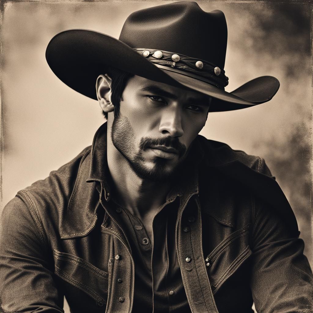 Handsome Cowboy with Black Hair and Cowboy Hat