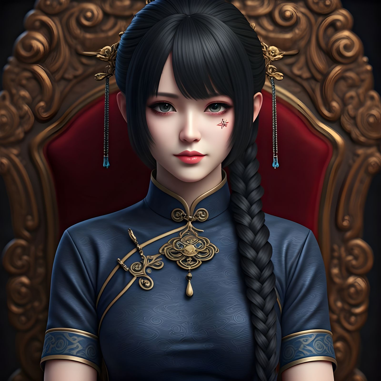 Chinese Princess in Gothic Geisha Makeup on Throne