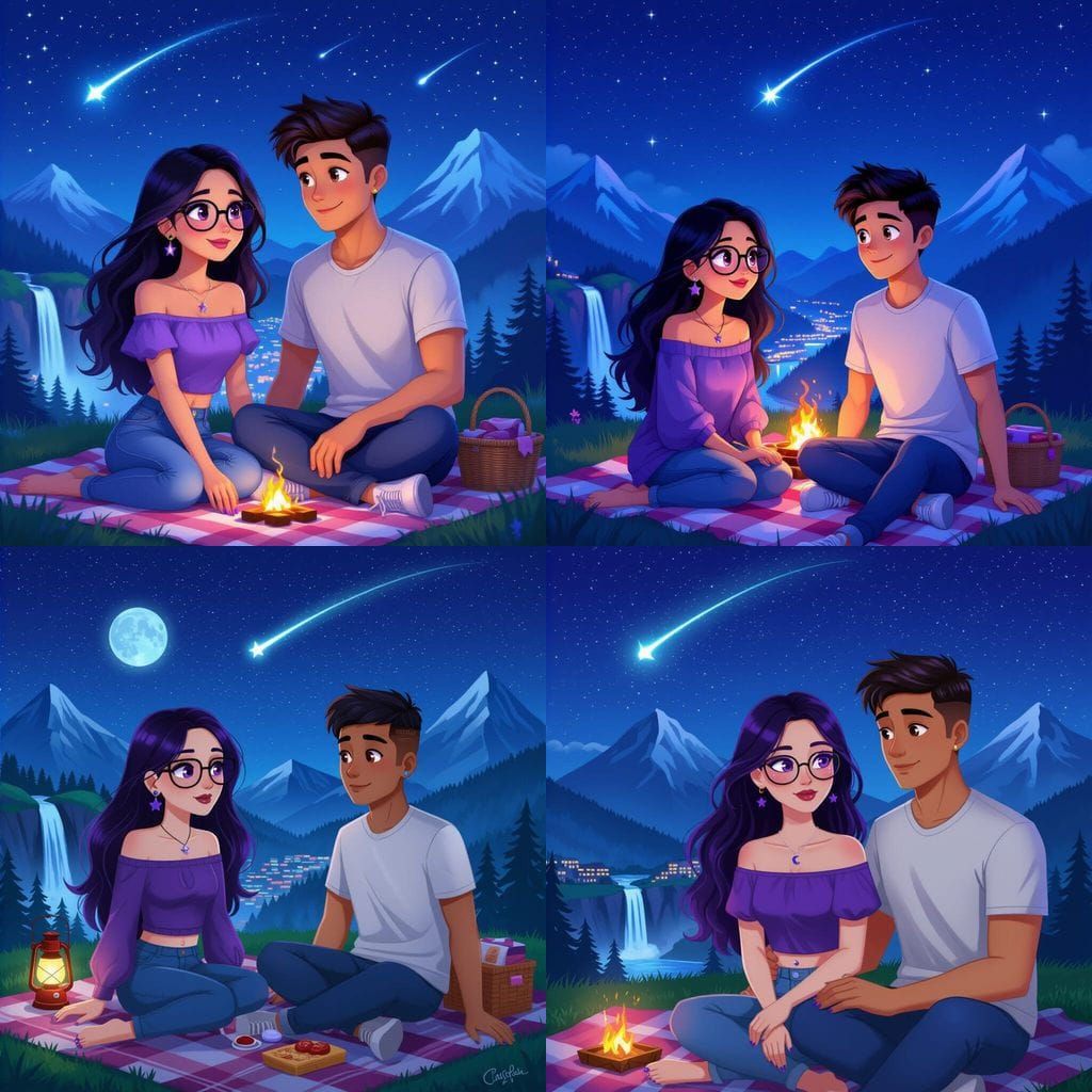 Animated Couple Stargazing on Mountain Top