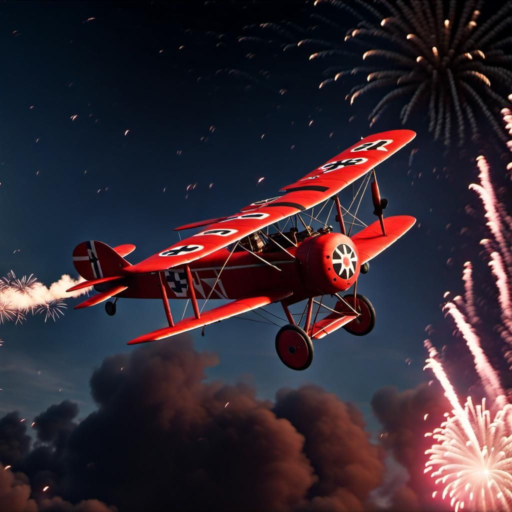 Red Fokker Dr.I Flying with Fireworks
