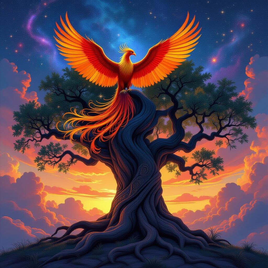 Regal Phoenix on Ancient Tree with Celestial Roots