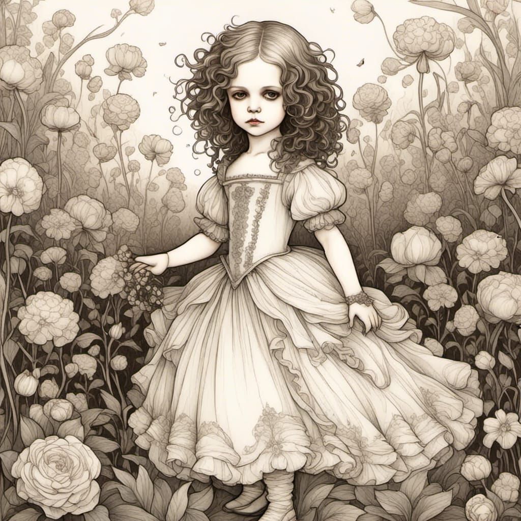 Chibi French Princess in Lush Garden, Line Art